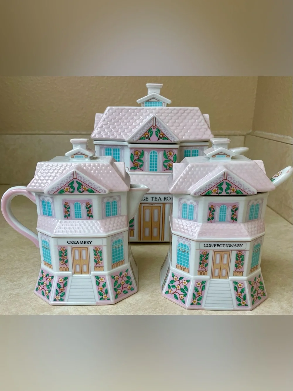 Lenox Village Tea Room 3 Pc Set  Teapot, Creamer, Sugar w/ Spoon  Vintage 1991
